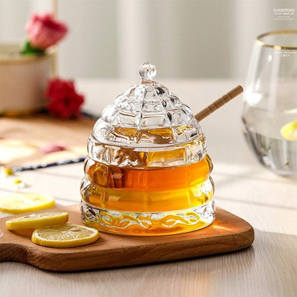 Pinklizecosh Glass Honey Jar with Wooden Lid & Dipper - Conical Syrup Dispenser & Sugar Storage Pot - Creative Western Style Kitchen Canister for Honey, Jam & Condiments - 10oz Aesthetic Glassware