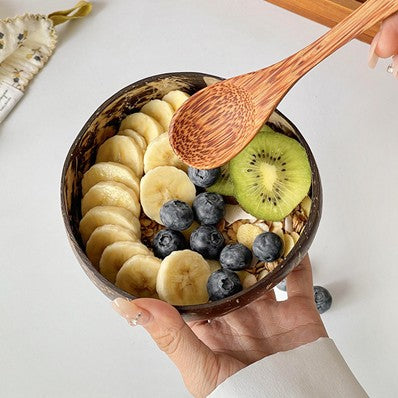 Pinklizecosh Natural Coconut Shell Bowl with Wooden Spoon - Eco-Friendly Salad & Smoothie Bowl for Breakfast, Yogurt, Acai, and Oats - Organic Handcrafted Dessert Bowl Set