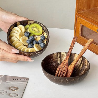 Pinklizecosh Natural Coconut Shell Bowl with Wooden Spoon - Eco-Friendly Salad & Smoothie Bowl for Breakfast, Yogurt, Acai, and Oats - Organic Handcrafted Dessert Bowl Set