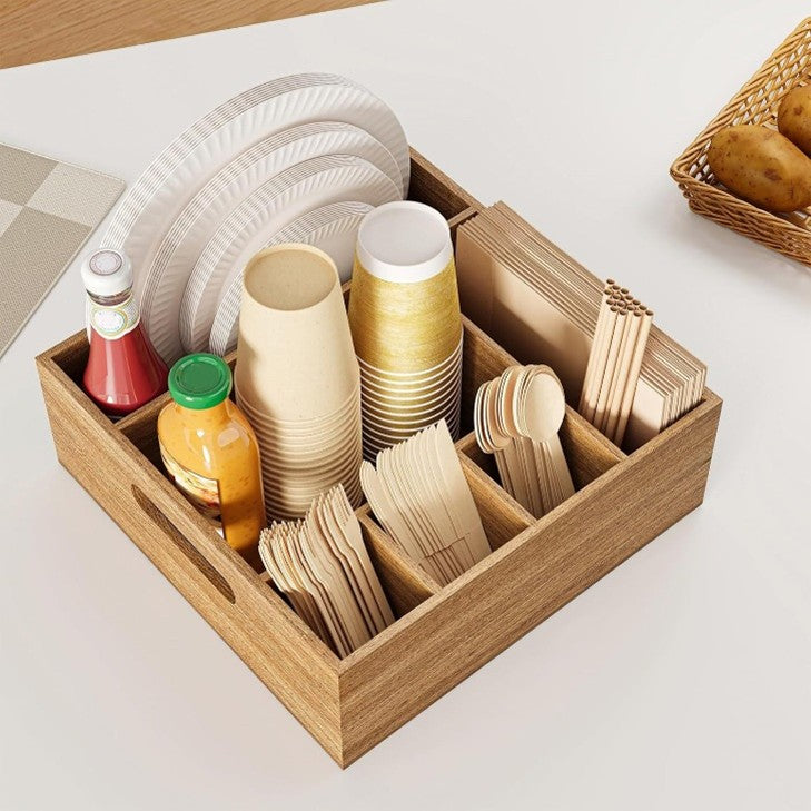 Pinklizecosh Solid Wood Cutlery Organizer with Multiple Compartments - Wooden Kitchen Utensil Caddy & Silverware Holder - Countertop Paper Plate Storage Box & Tabletop Decor