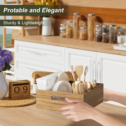 Pinklizecosh Solid Wood Cutlery Organizer with Multiple Compartments - Wooden Kitchen Utensil Caddy & Silverware Holder - Countertop Paper Plate Storage Box & Tabletop Decor