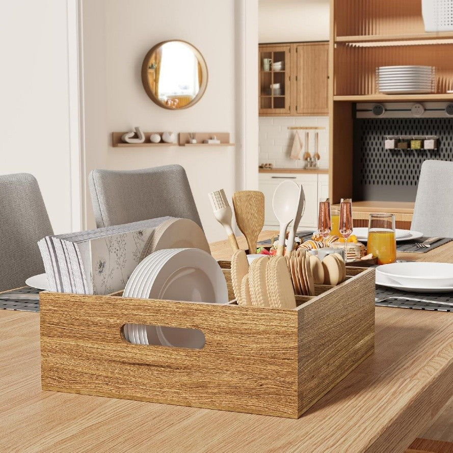 Pinklizecosh Solid Wood Cutlery Organizer with Multiple Compartments - Wooden Kitchen Utensil Caddy & Silverware Holder - Countertop Paper Plate Storage Box & Tabletop Decor