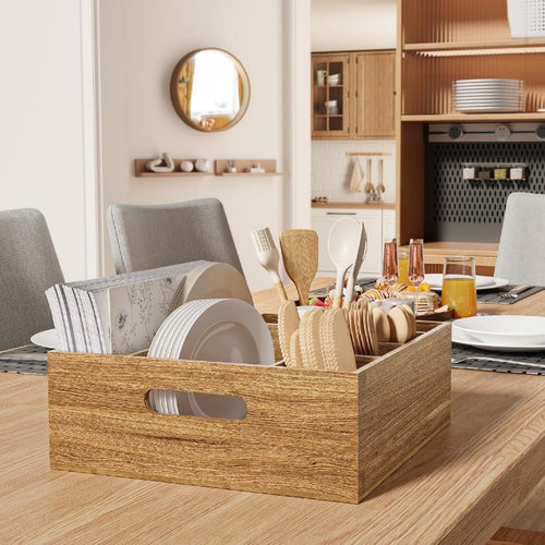 Pinklizecosh Solid Wood Cutlery Organizer with Multiple Compartments - Wooden Kitchen Utensil Caddy & Silverware Holder - Countertop Paper Plate Storage Box & Tabletop Decor