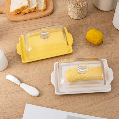 Pinklizecosh Aesthetic Butter Dish with Lid - Clear Glass & Ceramic Butter Keeper with Cover - Square Butter Storage Box for Countertop & Refrigerator - Large Butter Container with Decorative Top
