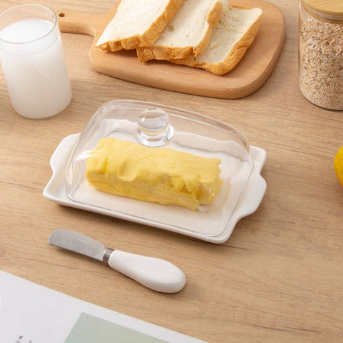 Pinklizecosh Aesthetic Butter Dish with Lid - Clear Glass & Ceramic Butter Keeper with Cover - Square Butter Storage Box for Countertop & Refrigerator - Large Butter Container with Decorative Top