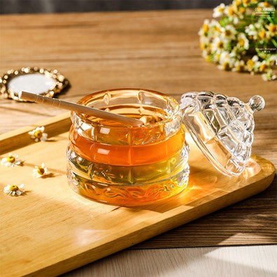 Pinklizecosh Glass Honey Jar with Wooden Lid & Dipper - Conical Syrup Dispenser & Sugar Storage Pot - Creative Western Style Kitchen Canister for Honey, Jam & Condiments - 10oz Aesthetic Glassware