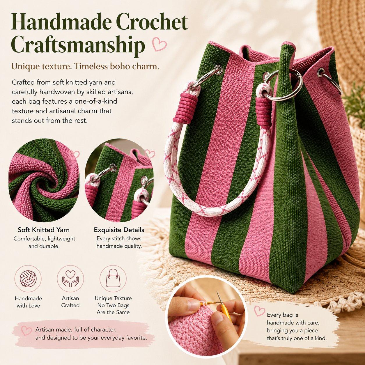 🌴 Boho Woven Bucket Bag for Women- Handmade Woven Summer Beach Shoulder Bag