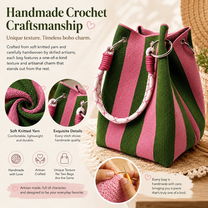 🌴 Boho Woven Bucket Bag for Women- Handmade Woven Summer Beach Shoulder Bag