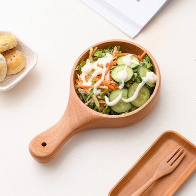 Pinklizecosh Natural Beech Wood Salad Bowl with Handle - Nordic Style Fruit & Pizza Serving Bowl - Creative Wooden Tableware for Kimchi, Snacks, and Daily Dining